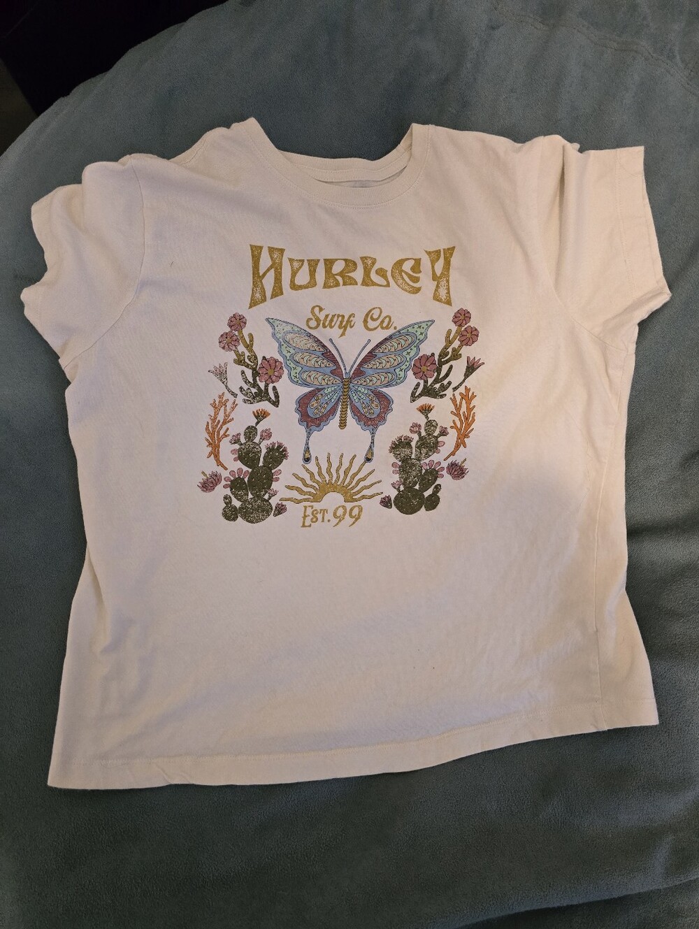Hurley Cream Short-Sleeve Tee with Multicolor Butterfly Graphic